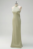 Sheath Sage Halter Backless Bridesmaid Dress