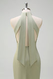 Sheath Sage Halter Backless Bridesmaid Dress