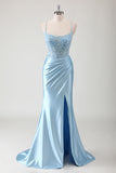 Blue Beaded Corset Slit Satin Ruched Mermaid Prom Dress with Lace-up Back