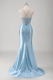 Blue Beaded Corset Slit Satin Ruched Mermaid Prom Dress with Lace-up Back