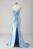 Blue Beaded Corset Slit Satin Ruched Mermaid Prom Dress with Lace-up Back