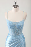 Blue Beaded Corset Slit Satin Ruched Mermaid Prom Dress with Lace-up Back