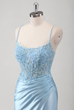 Blue Beaded Corset Slit Satin Ruched Mermaid Prom Dress with Lace-up Back