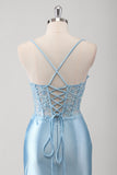 Blue Beaded Corset Slit Satin Ruched Mermaid Prom Dress with Lace-up Back