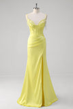 Yellow Ruched Mermaid Corset Prom Dress with Slit