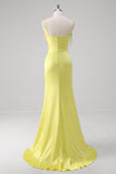 Yellow Ruched Mermaid Corset Prom Dress with Slit