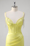 Yellow Ruched Mermaid Corset Prom Dress with Slit