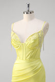 Yellow Ruched Mermaid Corset Prom Dress with Slit