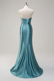 Grey Green Sequined Strapless Corset Mermaid Prom Dress with Slit