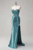 Grey Green Sequined Strapless Corset Mermaid Prom Dress with Slit