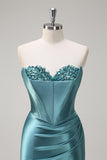 Grey Green Sequined Strapless Corset Mermaid Prom Dress with Slit