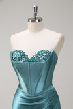 Grey Green Sequined Strapless Corset Mermaid Prom Dress with Slit