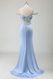 Fairy Sky Blue Off the Shoulder Side Slit Corset Prom Dress with Appliques