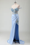 Fairy Sky Blue Off the Shoulder Side Slit Corset Prom Dress with Appliques