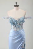 Fairy Sky Blue Off the Shoulder Side Slit Corset Prom Dress with Appliques