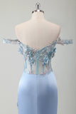 Fairy Sky Blue Off the Shoulder Side Slit Corset Prom Dress with Appliques