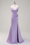 Lilac Ruched Mermaid Corset Prom Dress with Slit