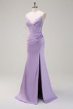 Lilac Ruched Mermaid Corset Prom Dress with Slit