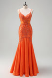 Sparkly Orange Beaded Corset Mermaid Prom Dress