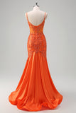 Sparkly Orange Beaded Corset Mermaid Prom Dress