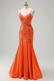 Sparkly Orange Beaded Corset Mermaid Prom Dress