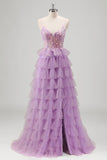 Glitter Lilac A Line Tiered Tulle Spaghetti Straps Corset Prom Dress with Slit