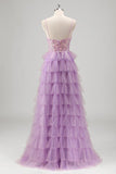 Glitter Lilac A Line Tiered Tulle Spaghetti Straps Corset Prom Dress with Slit