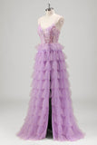 Glitter Lilac A Line Tiered Tulle Spaghetti Straps Corset Prom Dress with Slit