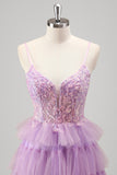 Glitter Lilac A Line Tiered Tulle Spaghetti Straps Corset Prom Dress with Slit