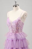 Glitter Lilac A Line Tiered Tulle Spaghetti Straps Corset Prom Dress with Slit