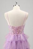 Glitter Lilac A Line Tiered Tulle Spaghetti Straps Corset Prom Dress with Slit