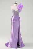 Lilac Flower Corset Beaded Ruched Satin Strapless Mermaid Prom Dress with Slit