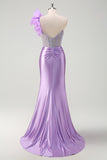 Lilac Flower Corset Beaded Ruched Satin Strapless Mermaid Prom Dress with Slit