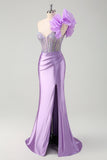 Lilac Flower Corset Beaded Ruched Satin Strapless Mermaid Prom Dress with Slit