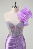 Lilac Flower Corset Beaded Ruched Satin Strapless Mermaid Prom Dress with Slit