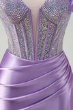 Lilac Flower Corset Beaded Ruched Satin Strapless Mermaid Prom Dress with Slit