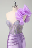 Lilac Flower Corset Beaded Ruched Satin Strapless Mermaid Prom Dress with Slit