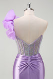 Lilac Flower Corset Beaded Ruched Satin Strapless Mermaid Prom Dress with Slit