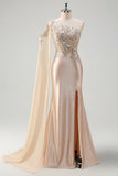 Sparkly Champagne Satin One Shoulder Mermaid Prom Dress with Slit