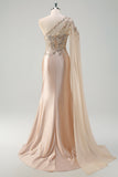 Sparkly Champagne Satin One Shoulder Mermaid Prom Dress with Slit