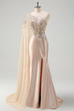 Sparkly Champagne Satin One Shoulder Mermaid Prom Dress with Slit