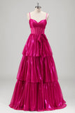 Metallic Pleated Corset A Line Fuchsia Prom Dress