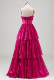 Metallic Pleated Corset A Line Fuchsia Prom Dress