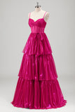 Metallic Pleated Corset A Line Fuchsia Prom Dress