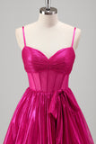 Metallic Pleated Corset A Line Fuchsia Prom Dress