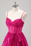 Metallic Pleated Corset A Line Fuchsia Prom Dress