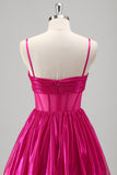 Metallic Pleated Corset A Line Fuchsia Prom Dress