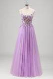 Lilac Beaded Appliques Tulle Prom Dress with Lace-up Back