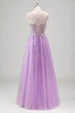 Lilac Beaded Appliques Tulle Prom Dress with Lace-up Back