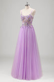 Lilac Beaded Appliques Tulle Prom Dress with Lace-up Back